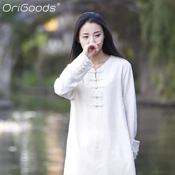 OriGoods Ķīniešu Stilā Gara Blūze Sieviešu Veļa Kokvilnas Nacionālā Stila Vintage Garš Krekls Sākotnējā Pavasara Rudens Blūzes Topi B171